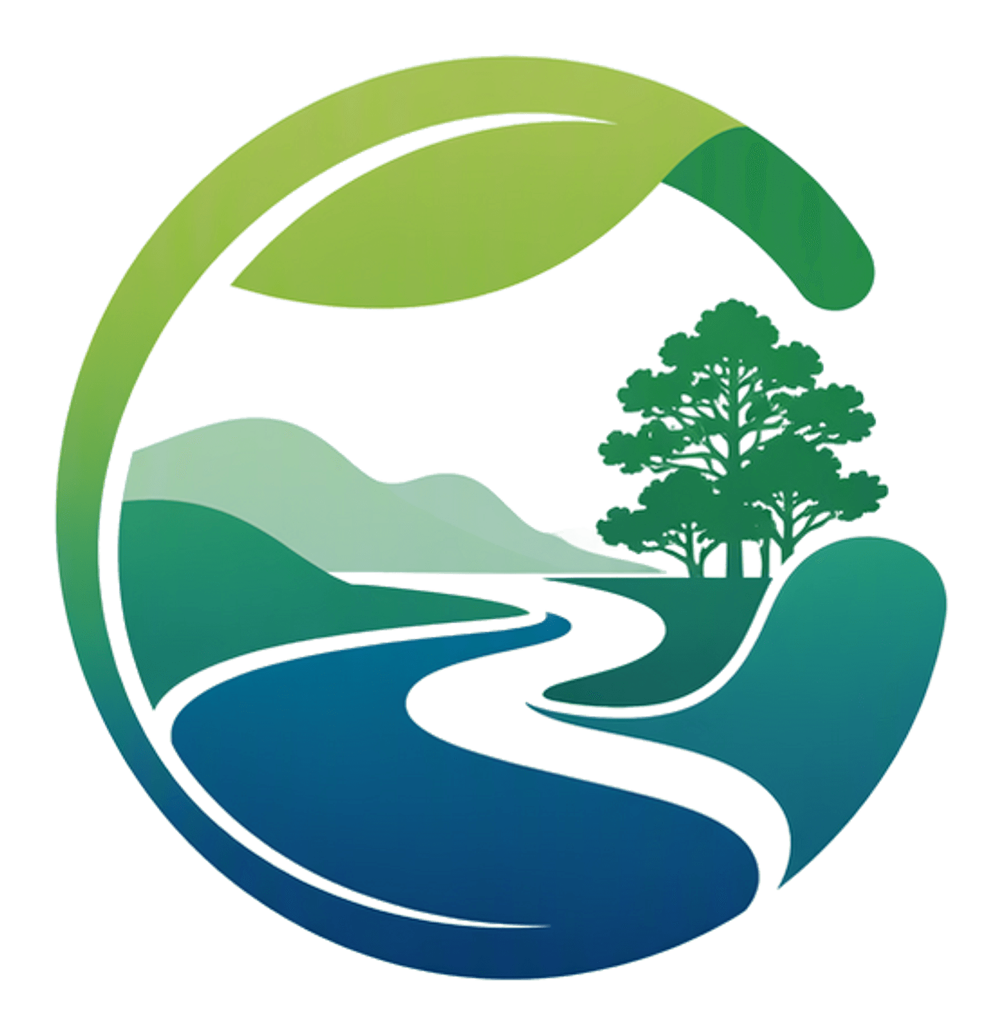 Circular Northern Rivers logo, mountain and rivers in blue and green tones