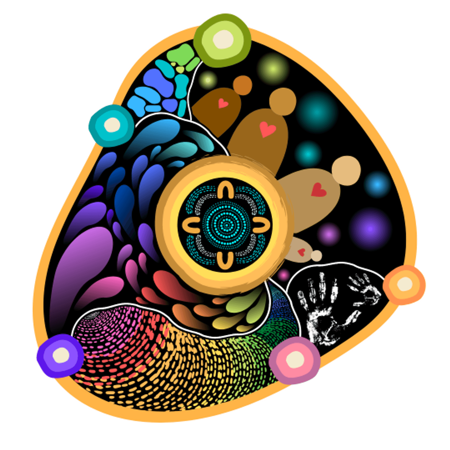 Strengthening connections and relationships project logo: Heartspace: created by Gumbaynggirr and Yaegl artist Talah Laurie