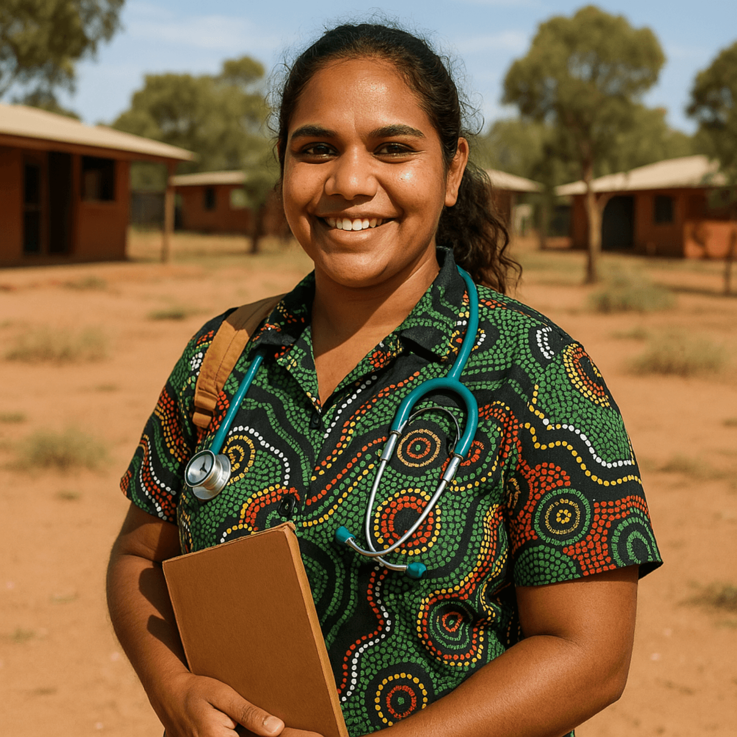Indigenous student with a clipboard smiling at the camera