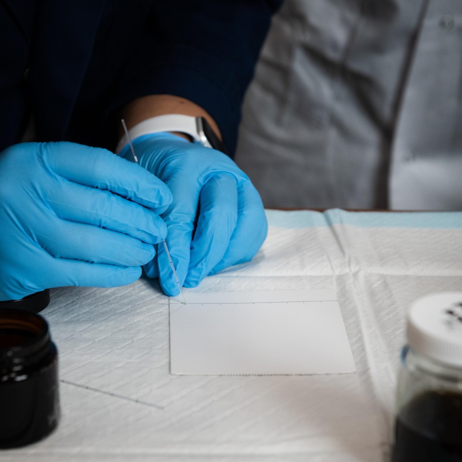 Researcher dots sample on to card in lab
