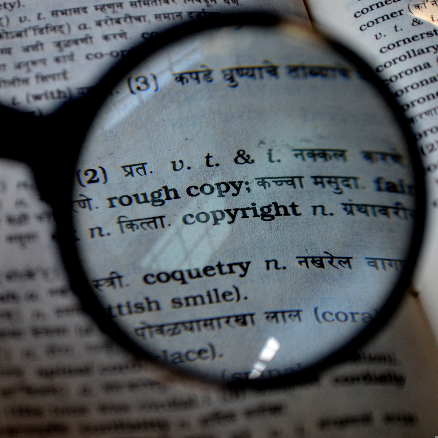 Magnifying glass over dictionary entry of the word copyright