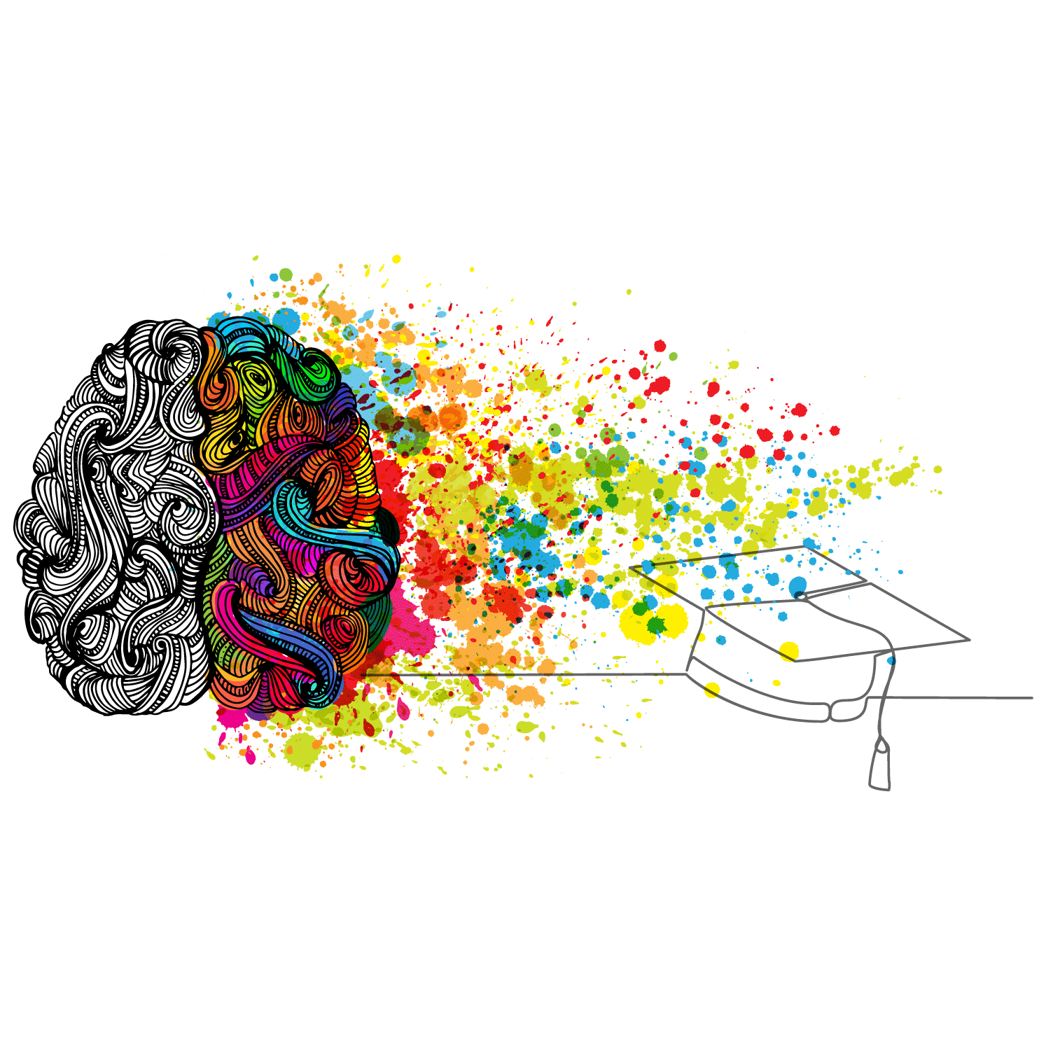 Rainbow coloured brain splattering paint drops over graduation cap