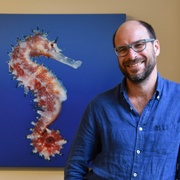 Professor Symon Dworjanyn with a seahorse picture in background