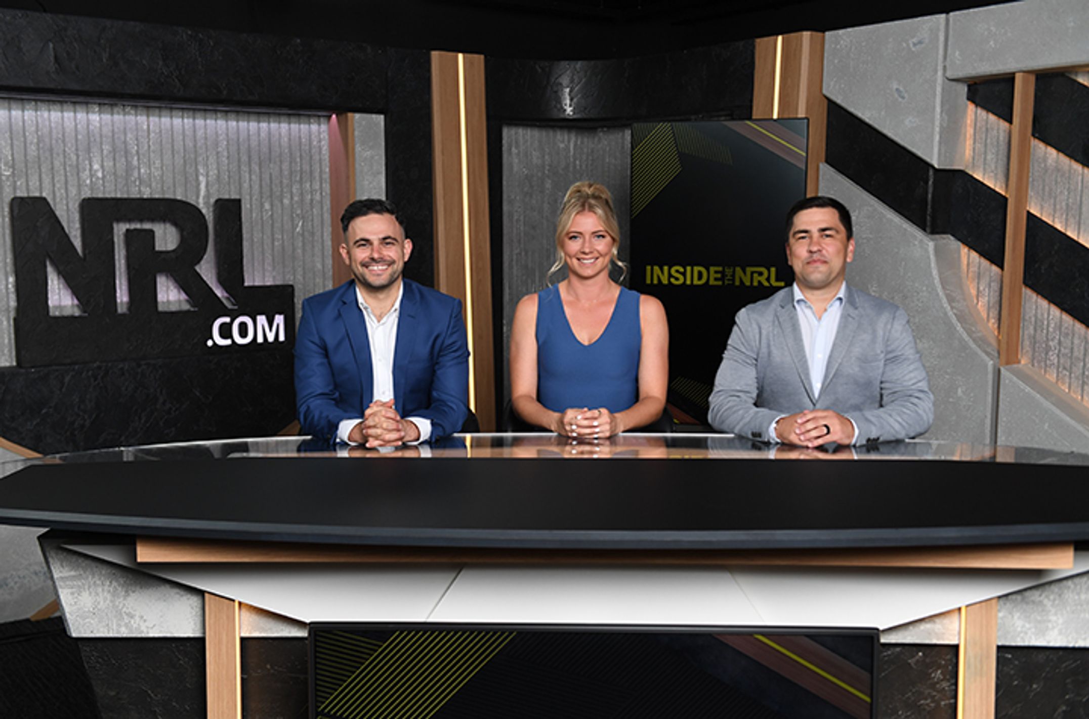 Katie Brown on the Inside the NRL set w Michael Chammas and Jamie Soward in 2020