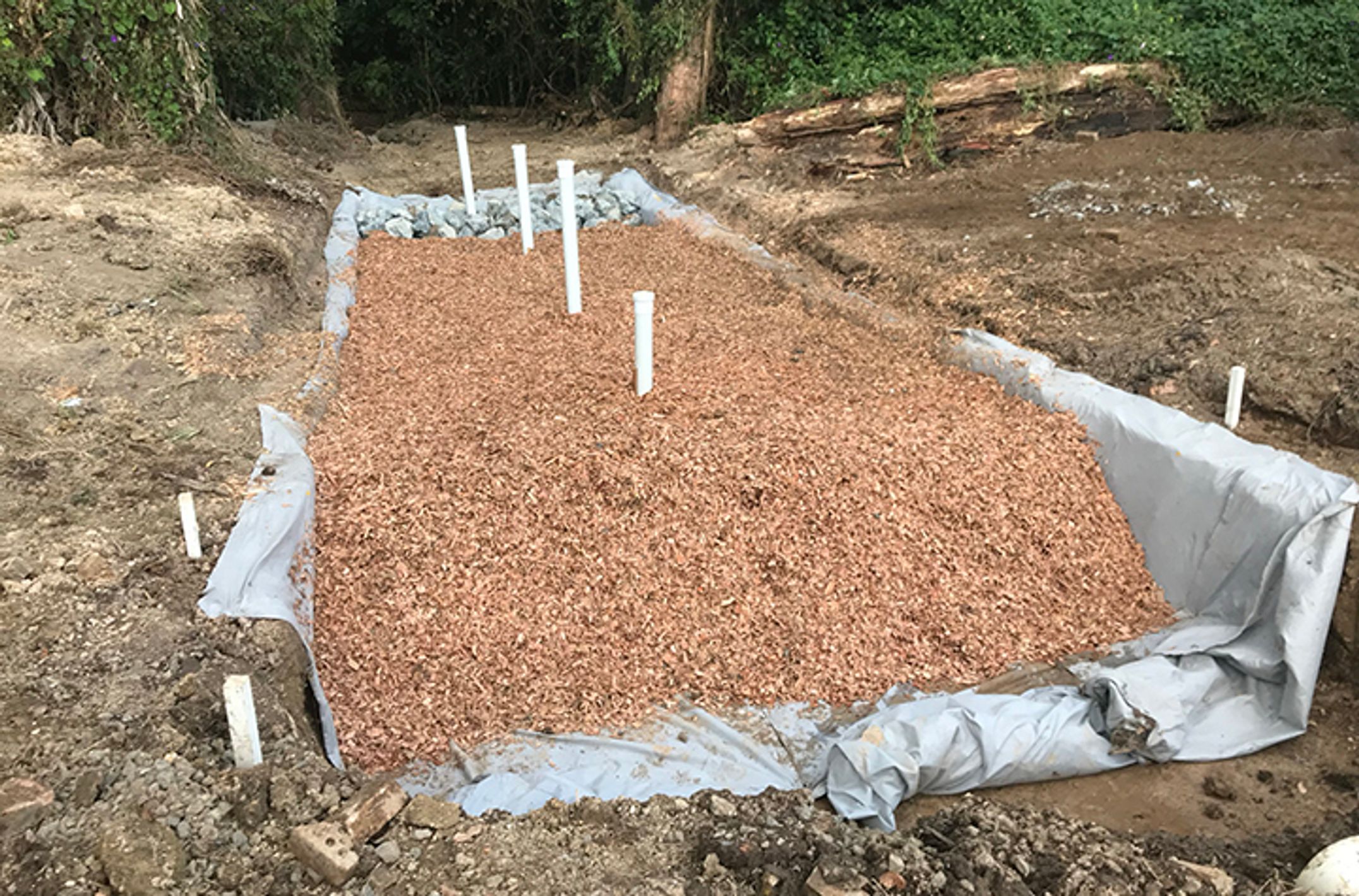 Surface flow bioreactor filled with woodchips and pipes credit Shane White