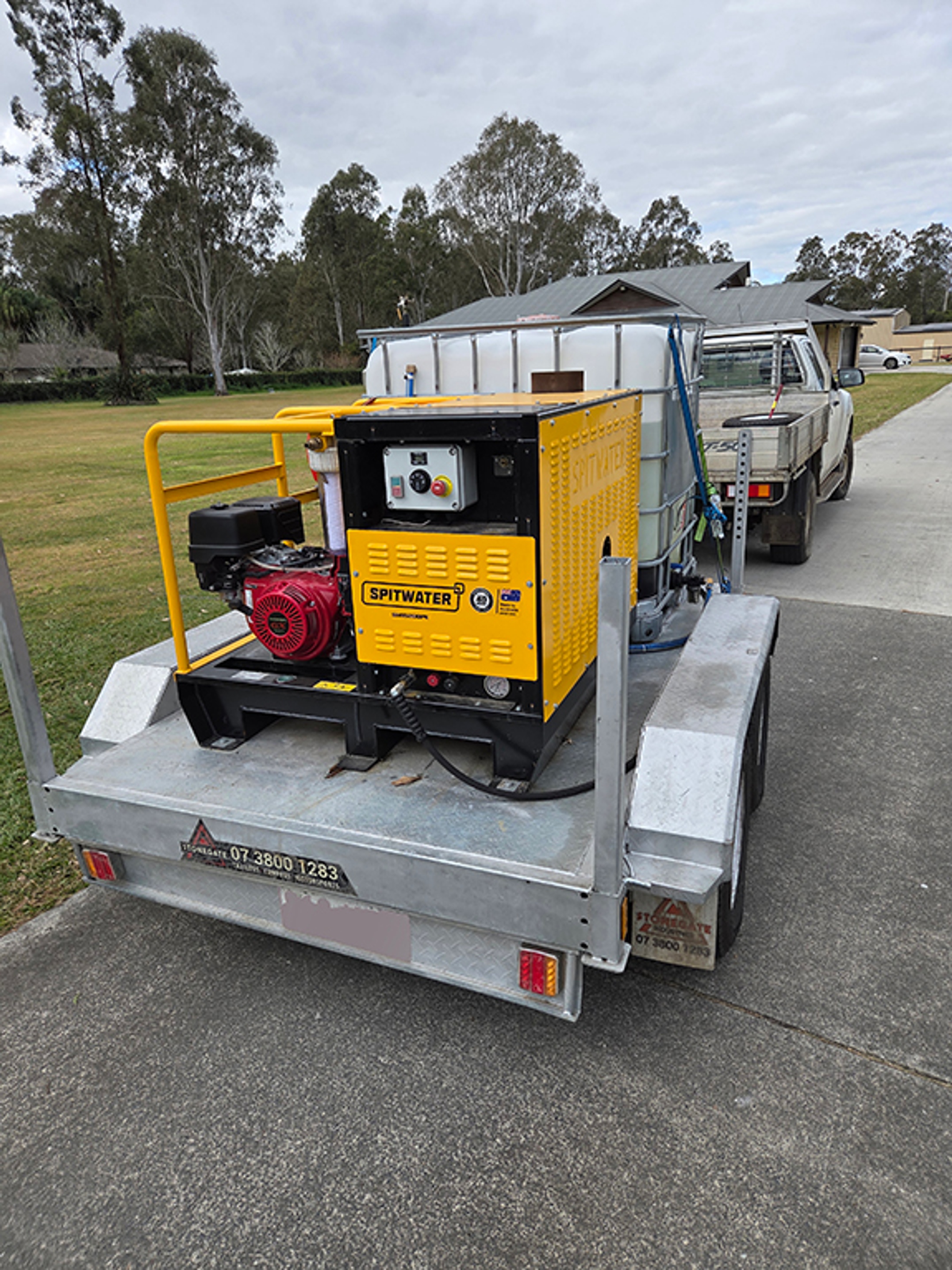 Fire ant soup operation machine on the back of a trailer.