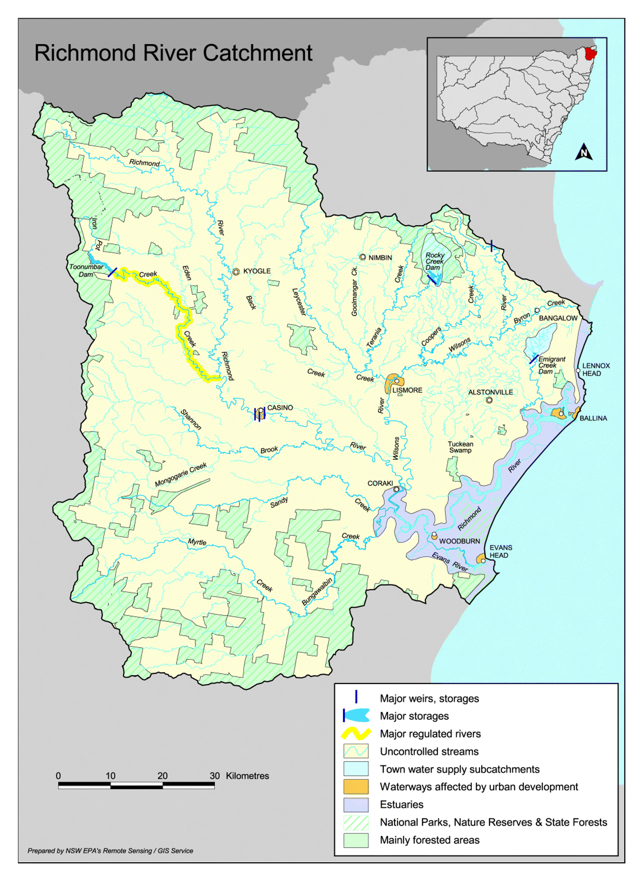 Map of the richmond river catchment showing major weirs, rivers and estuaries