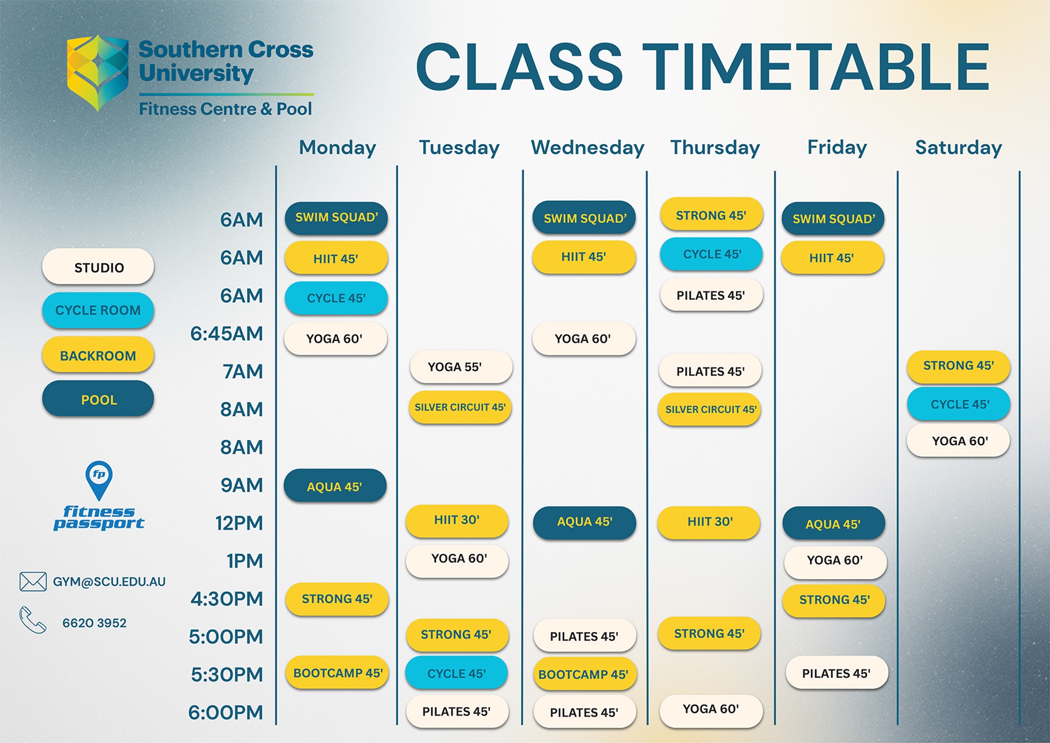 Gym and Pool timetable - updated 25 Sept 2026