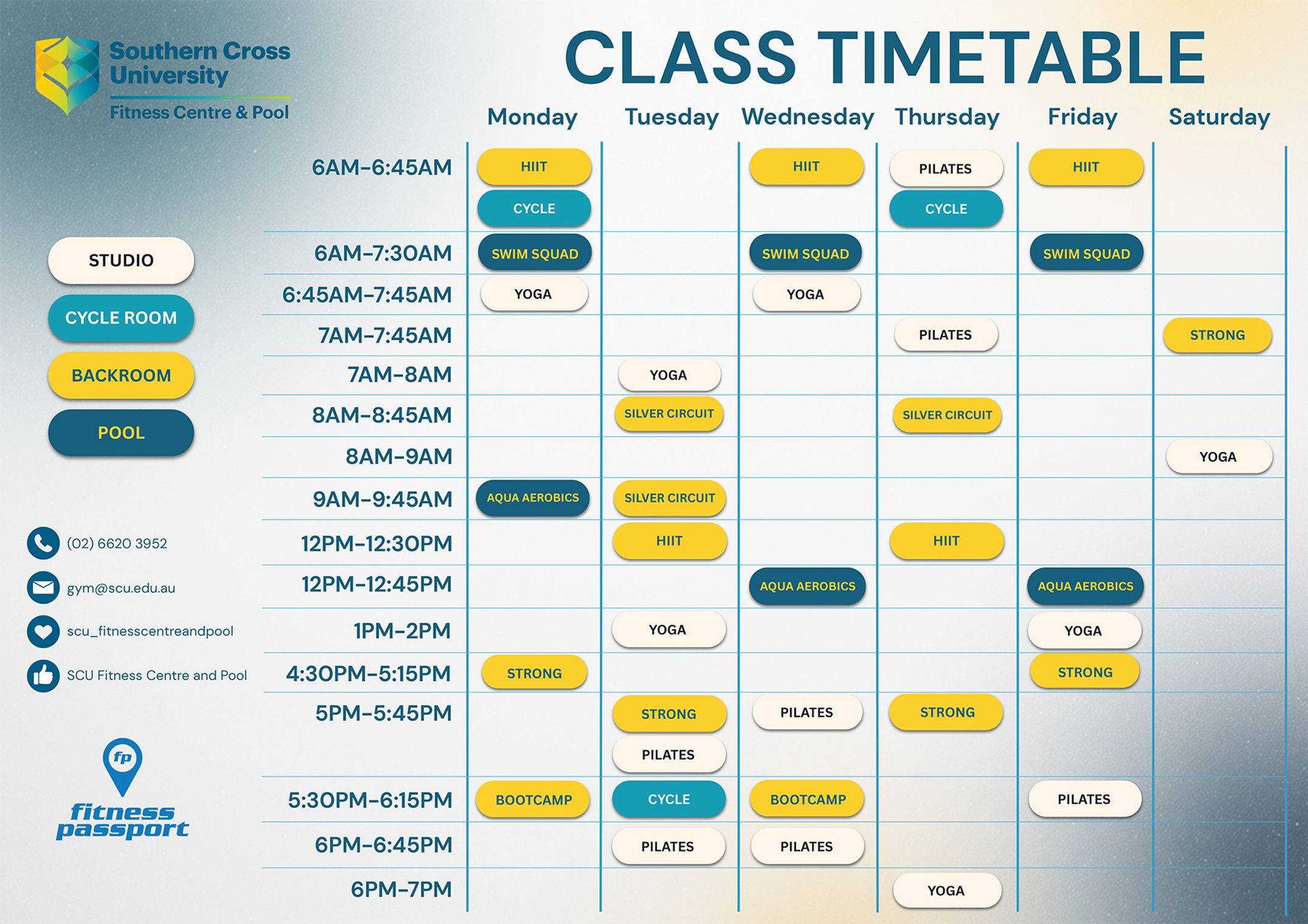 Gym and Pool timetable - updated 16 October 2026
