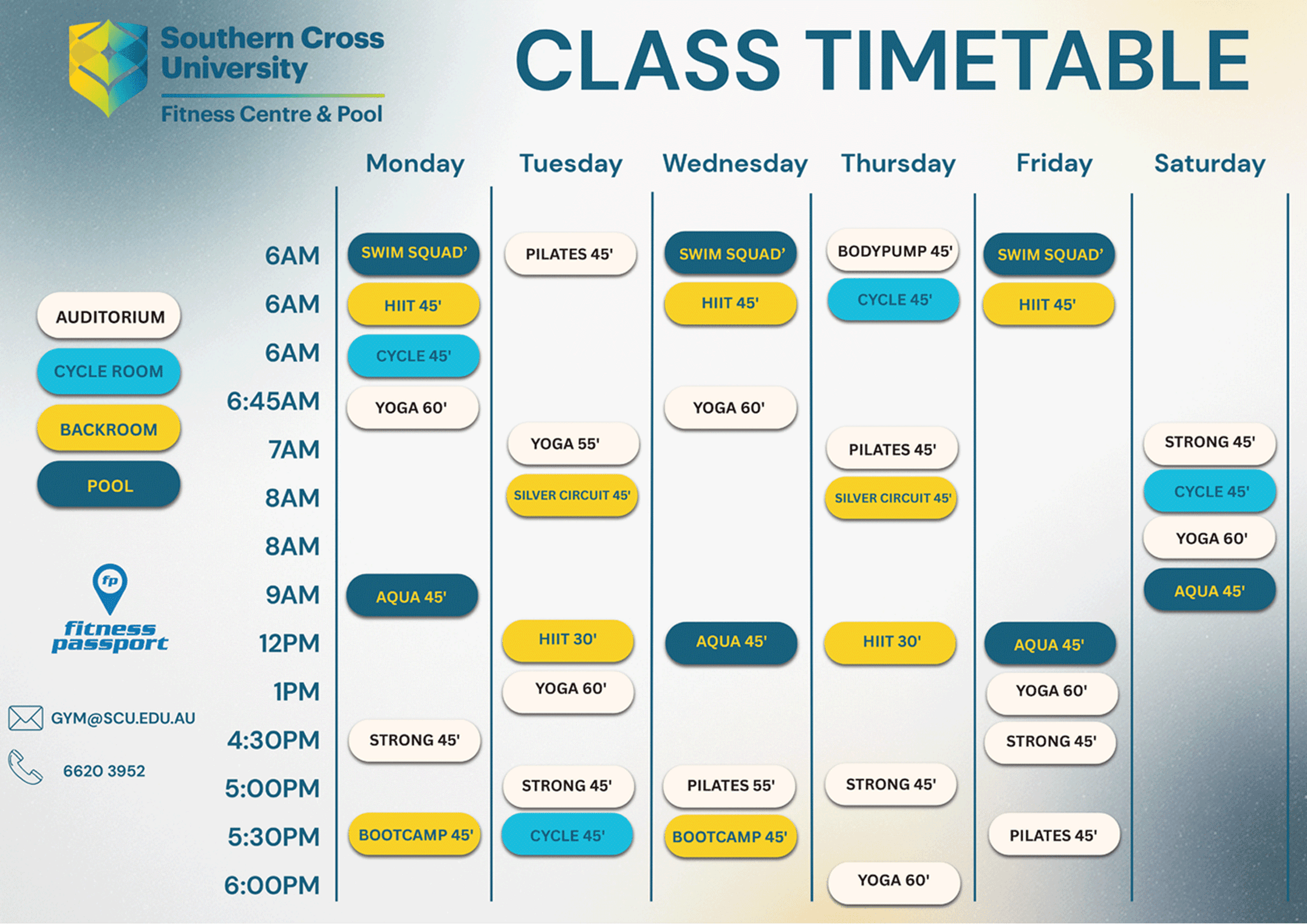 Gym and Pool Timetable Feb 2026 - updated 18 Feb 2026
