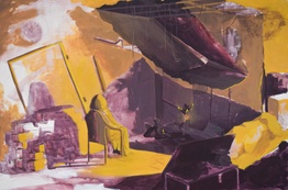 An abstract painting with yellow and purple tones