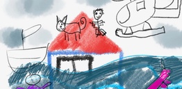 A child's diagram of their experiences in a flood sitting on roof of house