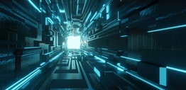 3D rendering of a futuristic dark hallway with blue and white lights