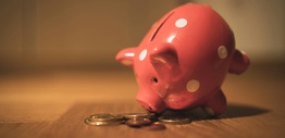pink pig coin bank on brown wooden table eating coins