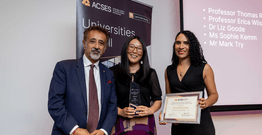 Professor Shamit Saggar (ACSES Executive Director) and Dr Cassy King (ACSES Awards Judging Panel Member and presenter of the award) with Dr Liz Good, who received the award on behalf of the Southern Cross University team.