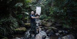 Man standing in a rocky stream holding a large net