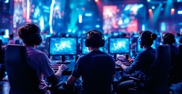 Three males from behind with headphones playing games on computers
