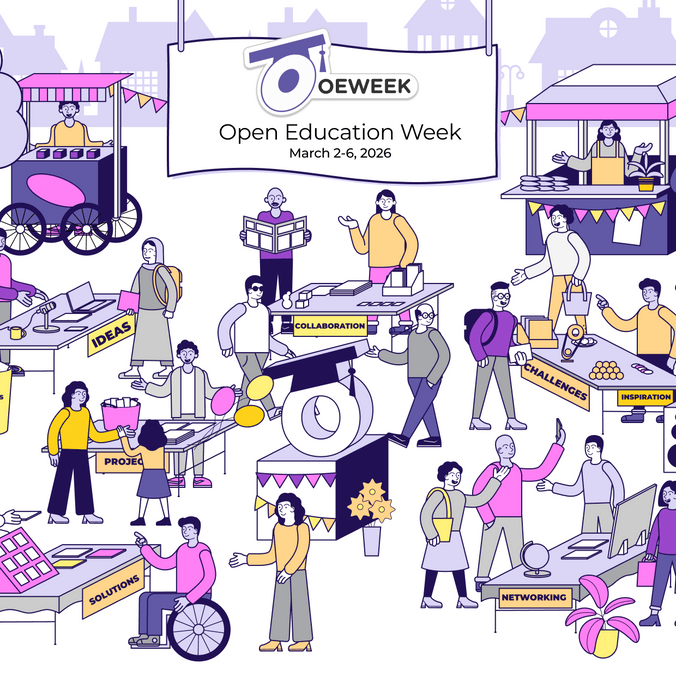 White background with purple icon of students studying