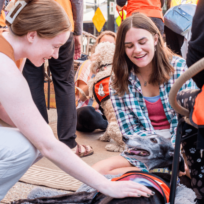 Two students enjoy patting a dog during LEXSA's Stress Less week