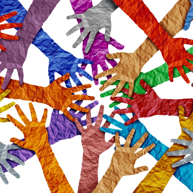 a drawing of many arms reaching across each other in different colours to represent diversity