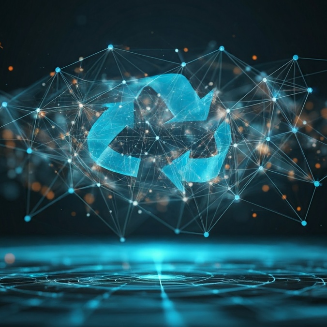 A recycling logo above an abstract graphic of a neural network