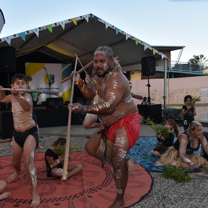 Indigenous cultural dancers at Coffs Harbour campus