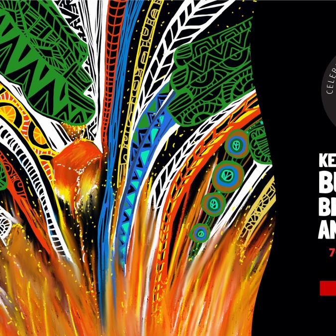 Colourful artwork with NAIDOC logo and text: Keep the fire burning. Blak, loud and proud 7-14 July 2024