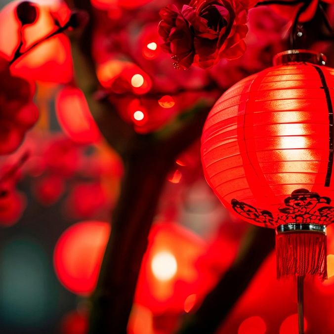 red lanterns hanging in blossom tree