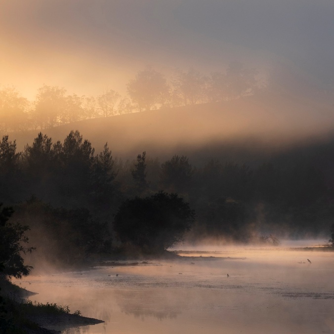 Misty river scene at sunrise