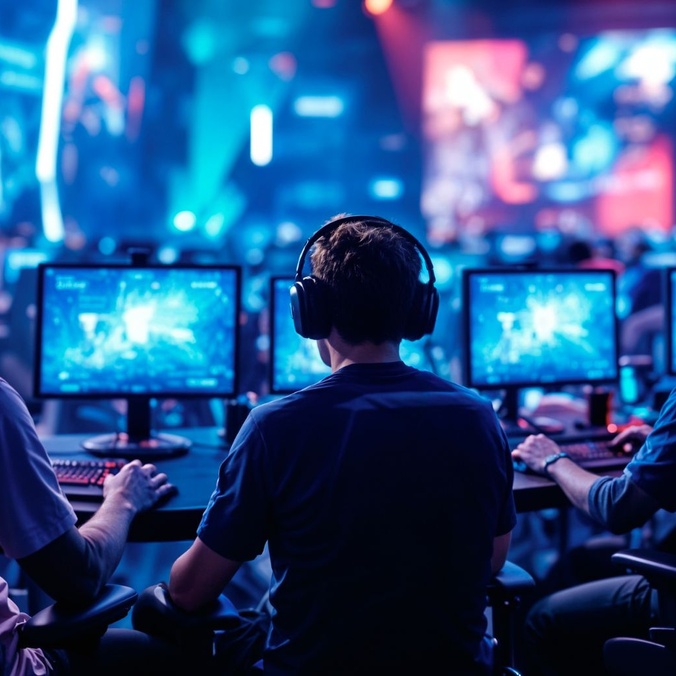 Three males from behind with headphones playing games on computers
