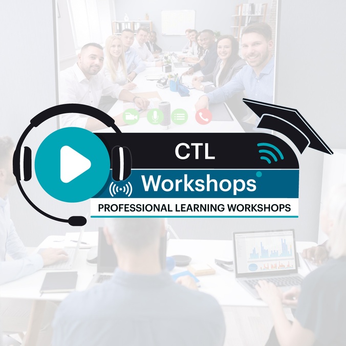 text with CTL Workshops with a headset to the right and a graduation mortar board to the right
