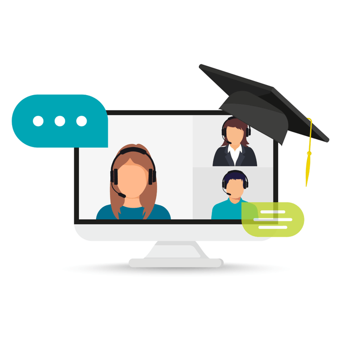 computer monitor showing teacher and students chatting with mortar board hanging on the corner