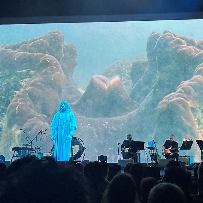 A band on stage against a backdrop of coral projected on the screen.