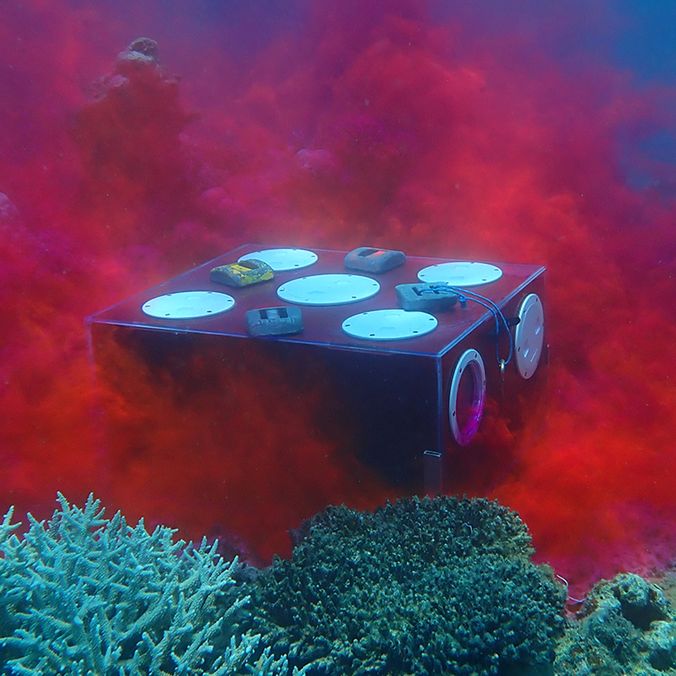 A clear box releasing a red dye, placed on the ocean floor surrounded by coral reef