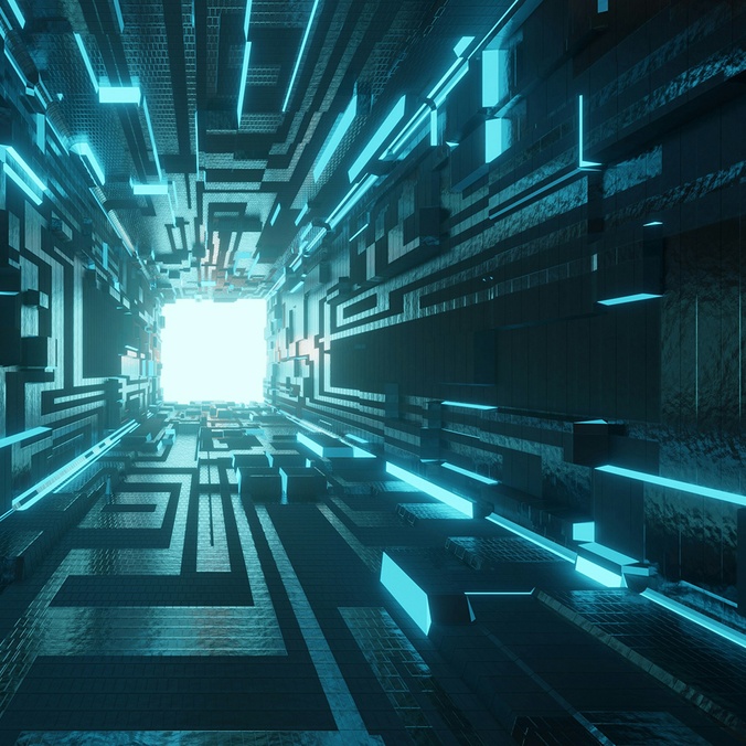 3D rendering of a futuristic dark hallway with blue and white lights