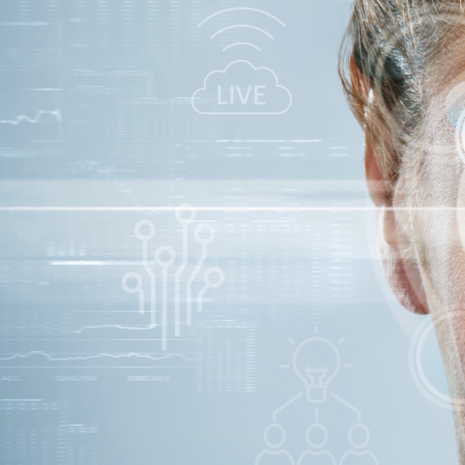 half profile of a face focusing on the eye with illustrative transparent technology ovelays