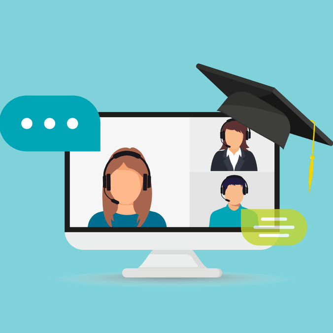 computer monitor showing teacher and students chatting with mortar board hanging on the corner