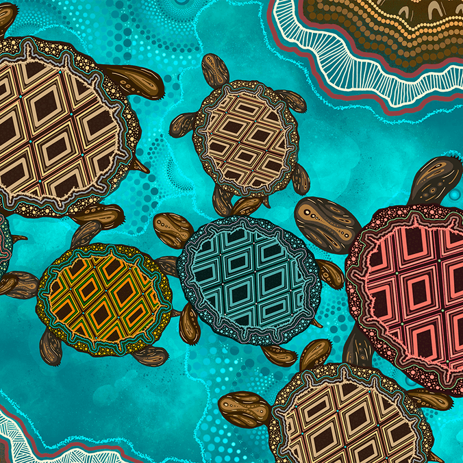 Artwork depicting a group of turtles swimming in a river