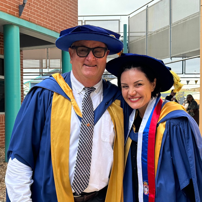PhD graduates Dr Allyson Wilson and Dr Rodney Peadon at Coffs Harbour campus