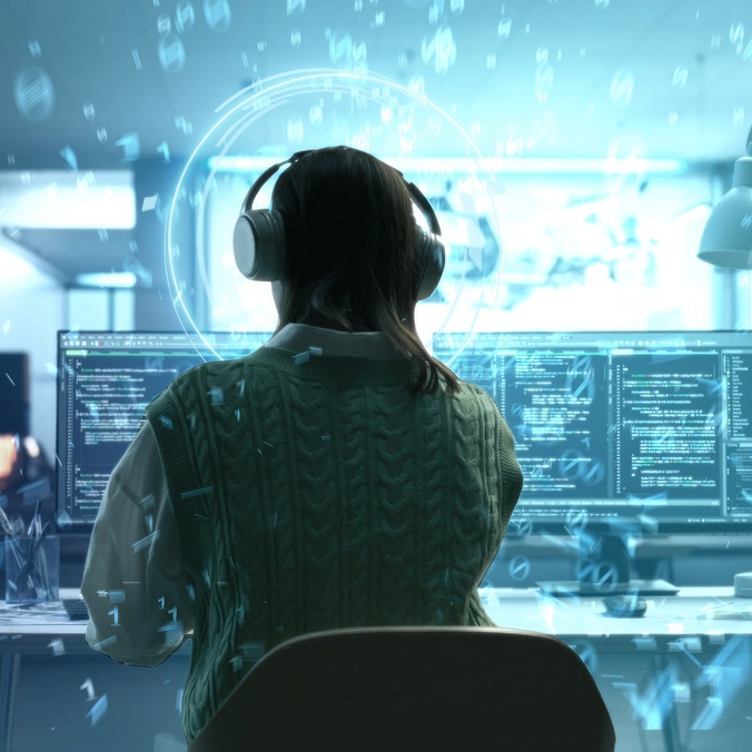 person sitting infront of computer with headphones