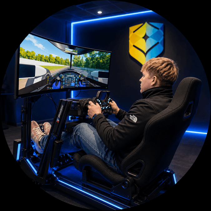 student on racing simulator