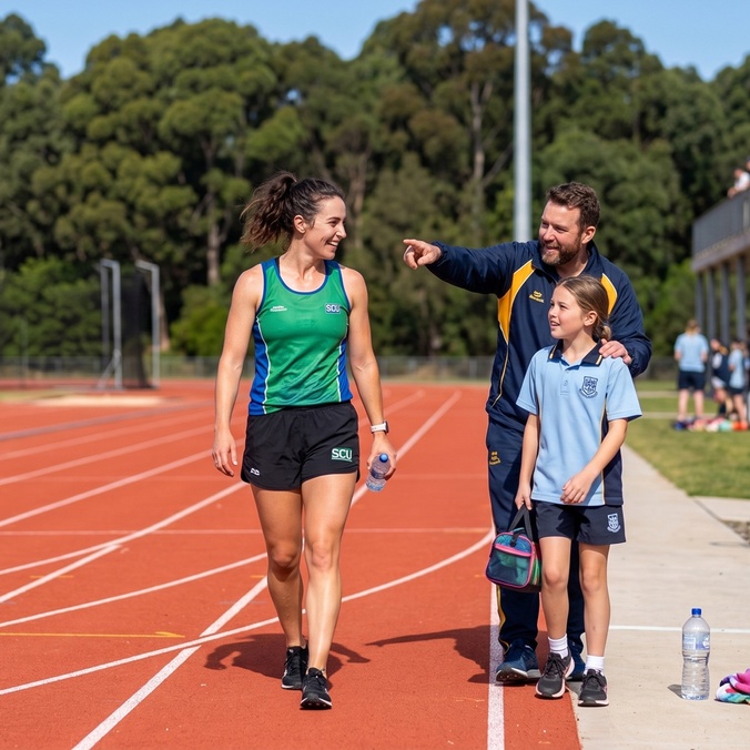 Athlete on track talking with man and young student ver 02-10-2026