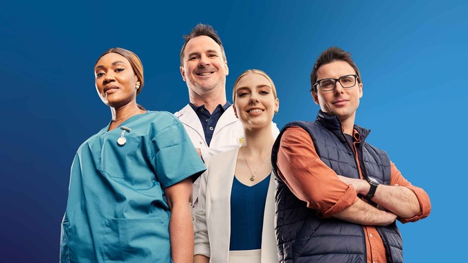 A nurse, a scientist, a business student and a teacher as a group shot