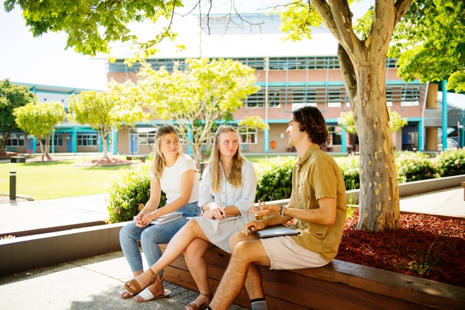 Three students chatting under a tree
