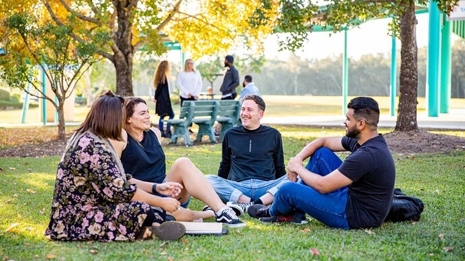 Group of students sitting under trees