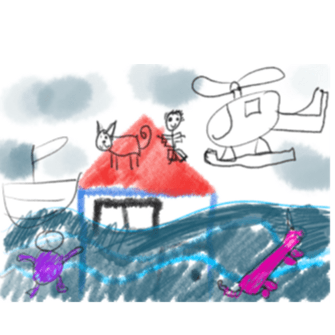 Childs Drawing of house and helicopter and boat