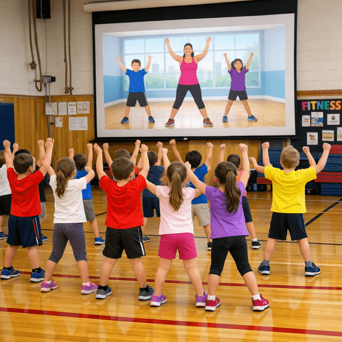 children exercising looking at screen projector