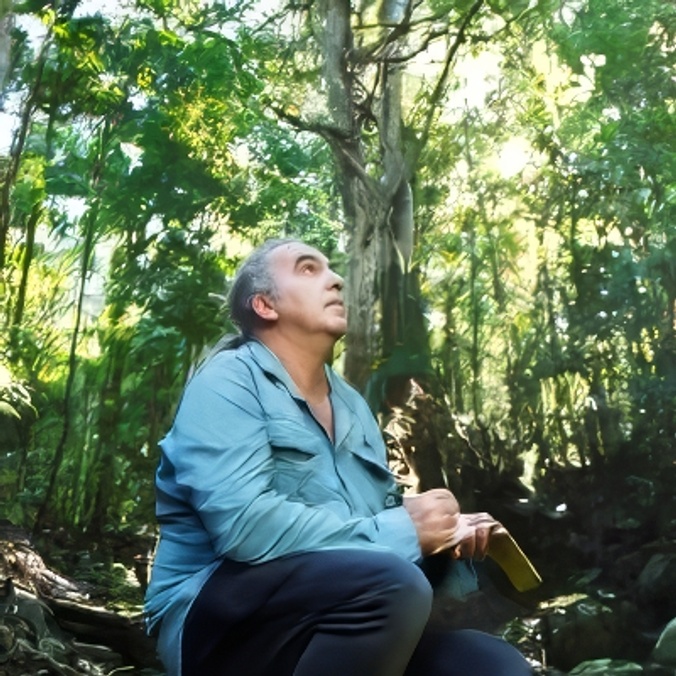 Man sitting in rainforest