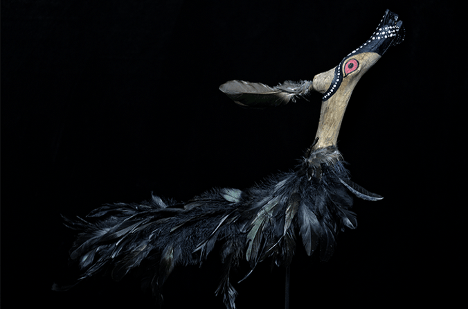 Artwork made of driftwood and feathers depicting a black duck