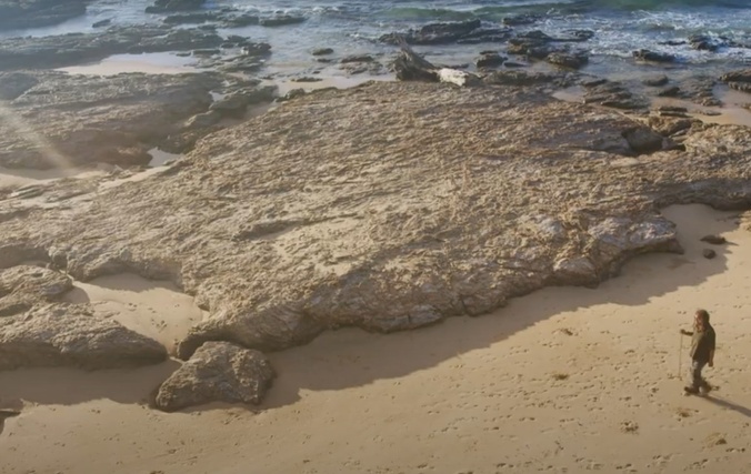 A man walking across a beach